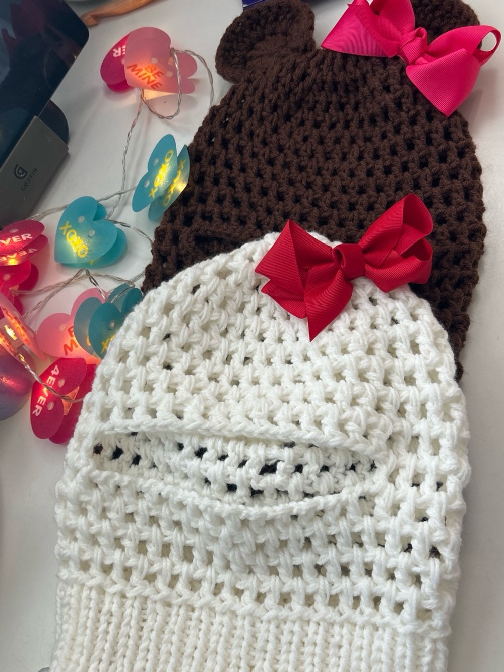 Hand Crafted Kids Crochet Beanie Pair in White, Brown & Hot Pink Bows
